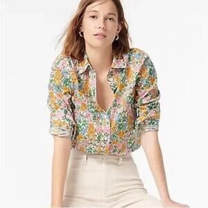 J. Crew Liberty Petunia Floral Slim-Fit Button-Up Shirt Green Yellow Women's 10